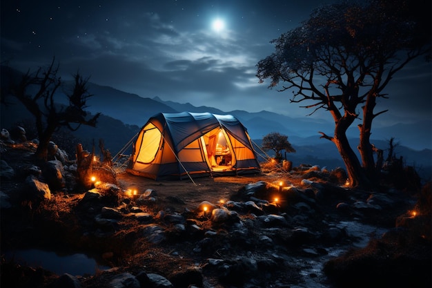 Лунное убежище Палатка в ночи, освещенная нежным ночным сиянием природы