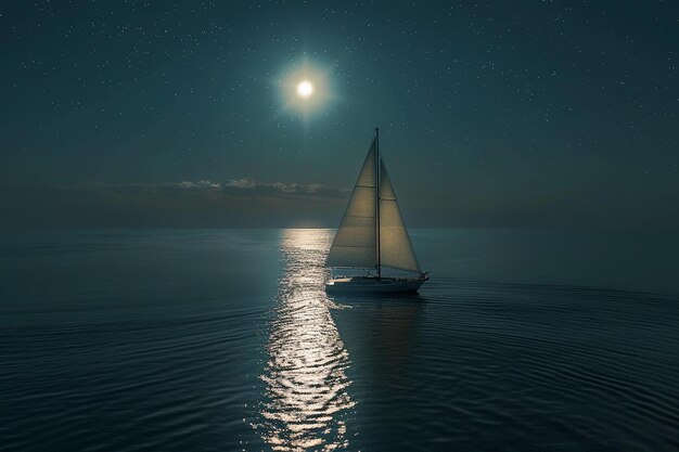 写真 静かなオクタン海を滑る月光の帆船