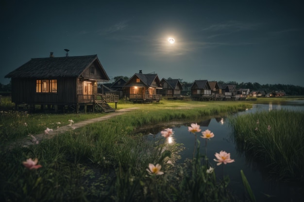 Moonlit Serenity Quaint Swamp Houses Amidst Flowers and Moon Glow