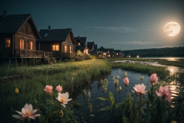 Moonlit Serenity Quaint Swamp Houses Amidst Flowers and Moon Glow