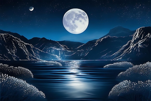 Moonlit Serenity with DeepSea Mountains and Stellar Reflections