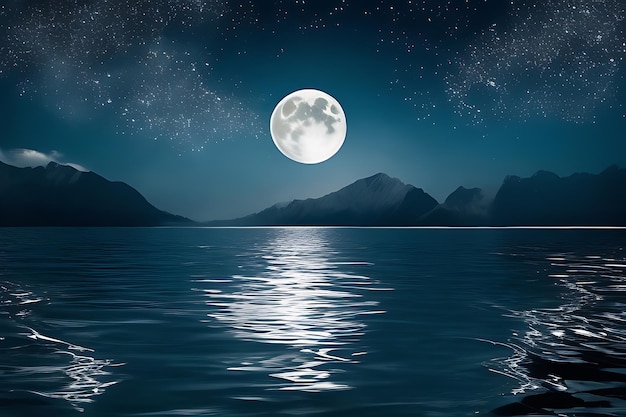 Moonlit Serenity with DeepSea Mountains and Stellar Reflections