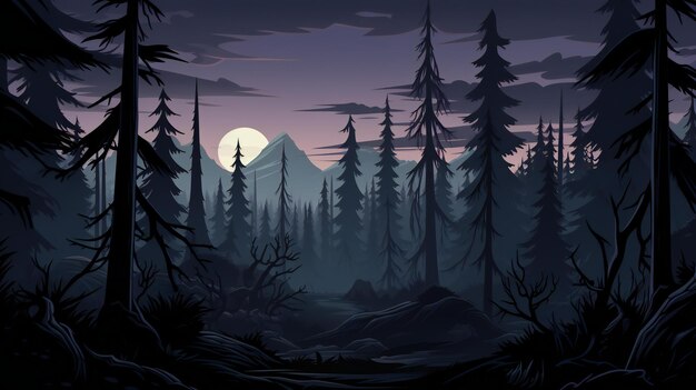写真 森の月光の沈 ⁇  夕暮れが木々を ⁇ やかな夜の抱きしめに包む