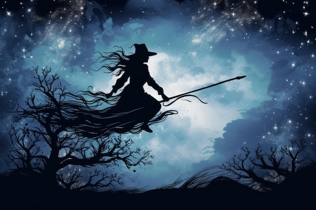 Moonlit silhouette of a witch on a broomstick against a starry backdrop Halloween spooky background