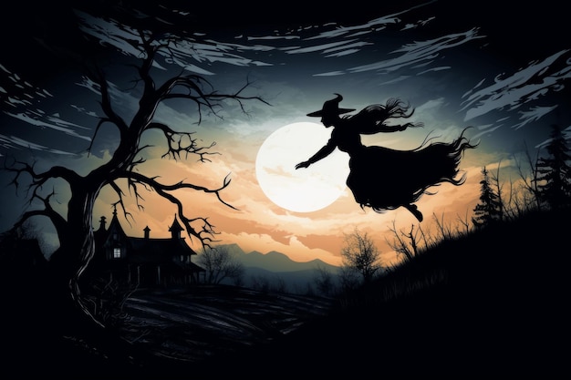 Moonlit silhouette of a witch flying over a moonlit landscape Halloween spooky background