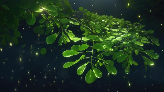 Moonlit Splendor Macro View of Dewy Moringa Tree Leaves Illuminated by Moonlight