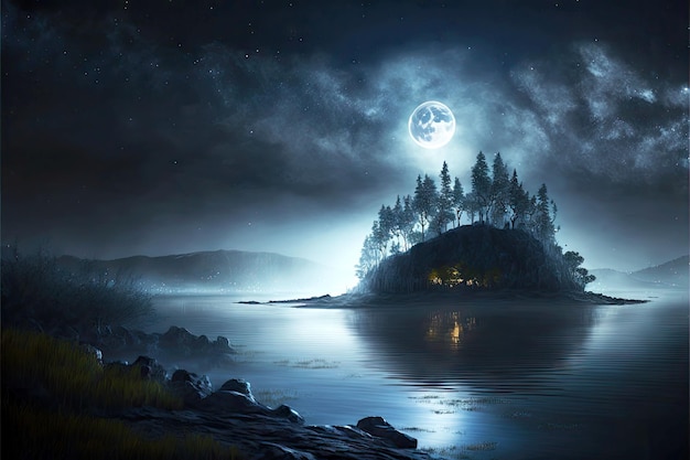 Moonlit starfall night over island in misty river