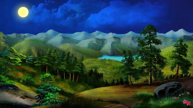 Moonlit summer night in nature illustration