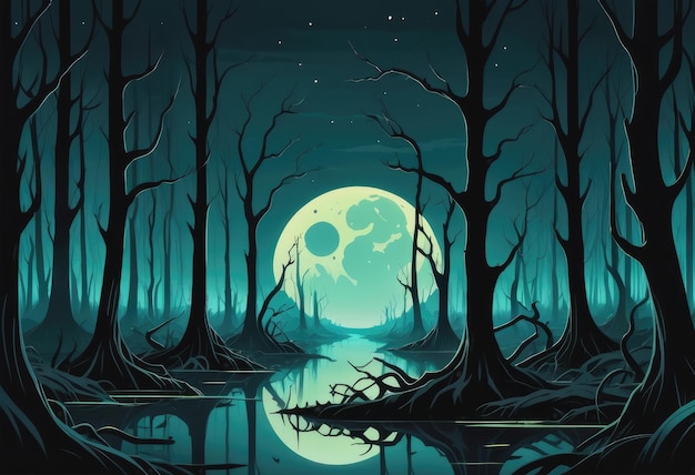 moonlit swamp with twisted trees