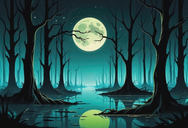 moonlit swamp with twisted trees