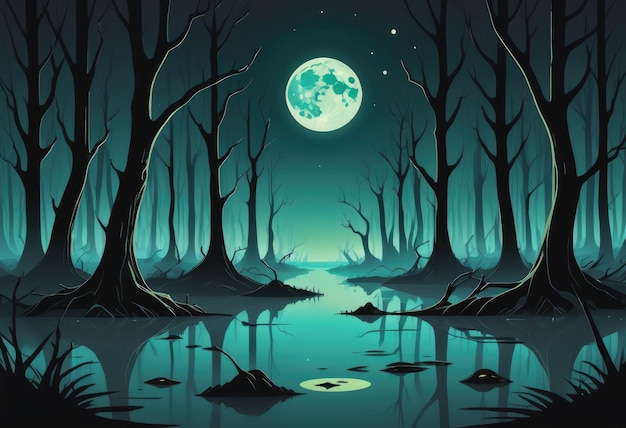 ねじれた木々が茂る月明かりに照らされた沼地