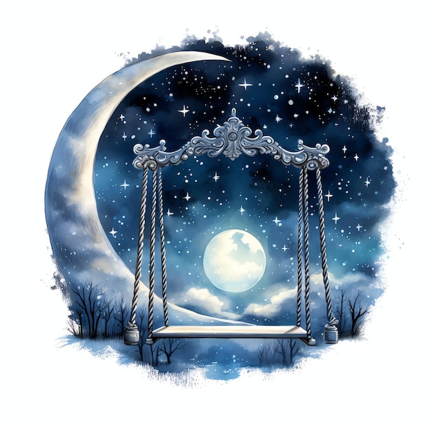 Photo moonlit swing fantasy sky night gazing watercolor