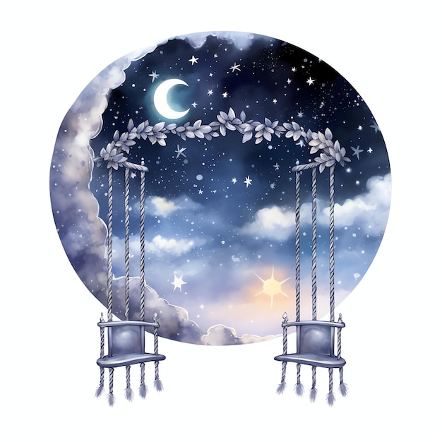 Photo moonlit swing fantasy sky night gazing watercolor