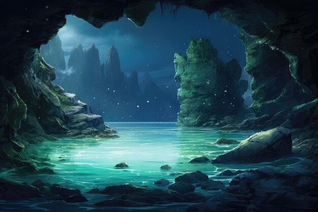 Moonlit Tranquility Fantasy Landscape with Sea Cave