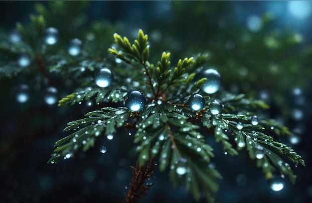 月光 の 静けさ の マクロ ショット 雨 の 飾りつけ た バルサム の 杉 の 葉 と 輝く 滴