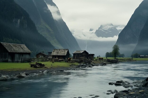 Moonlit village nestled in a valley