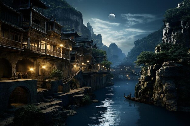 Moonlit village nestled in a valley