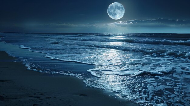 Photo a moonlit walk along the shore of the sea of lights the water reflecting the moons soft glow as it