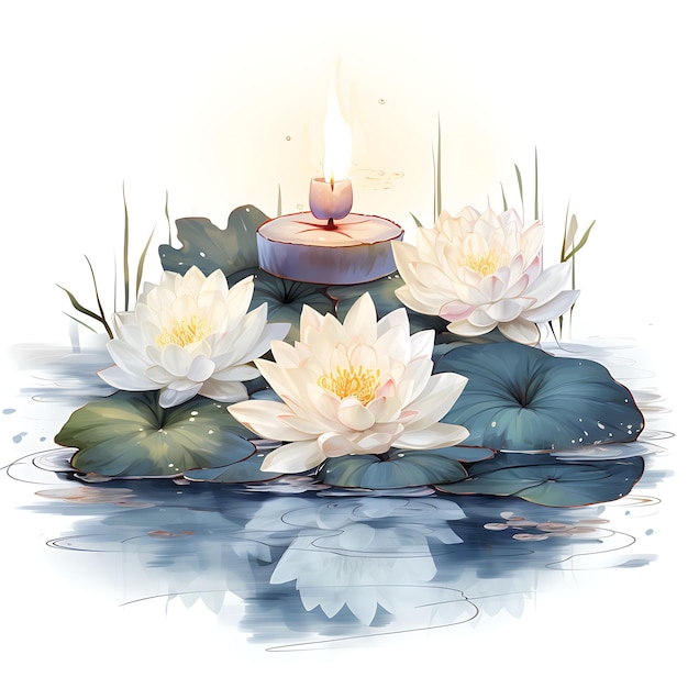 月光の水庭 水蓮と蓮の花が浮かんでいる 暖かい自然の水彩 装飾