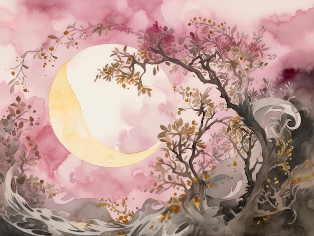 Moonlit Watercolor Illustration of Moon and Moonlight