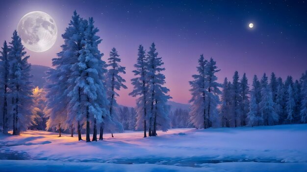 Moonlit winter wonderland with snowy trees and frozen river