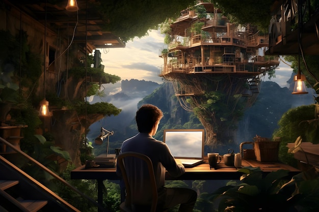 Moonlit Workstation Man Using Laptop in Jungle Treehouse