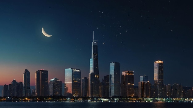 Moonrise over a city skyline