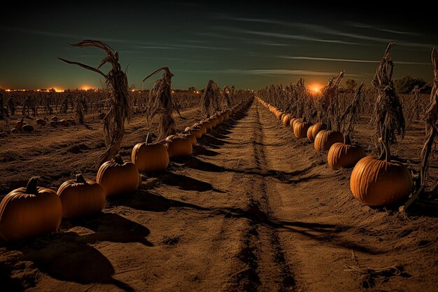 Photo moonrise over a field of pumpkins