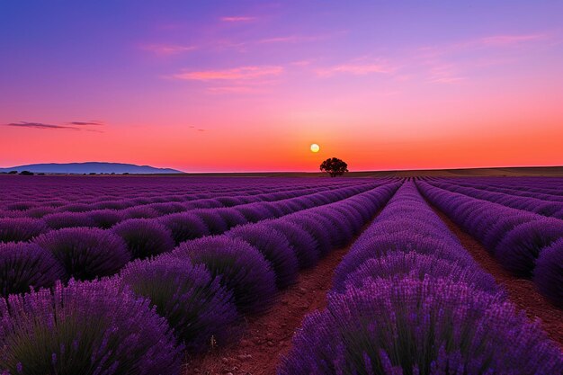 Moonrise Over Lavender Fields at Dusk