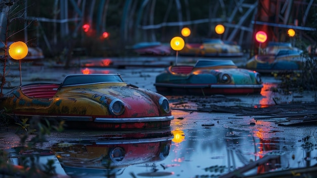 달의 반영은 버려진 버퍼 자동차의 조용한 물 위에서 춤을 추고 그들의 다채로운 불빛