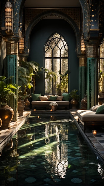 Moorish style indoor pool with green tiles and plants