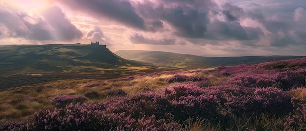 Moorland or Moor Wuthering Heights Heather Fields and Hills Castle on Mountains Copy Space