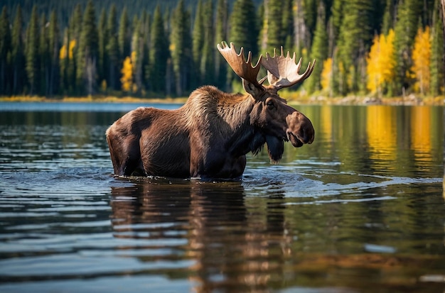 Moose by Rainbow Lake in Mountains