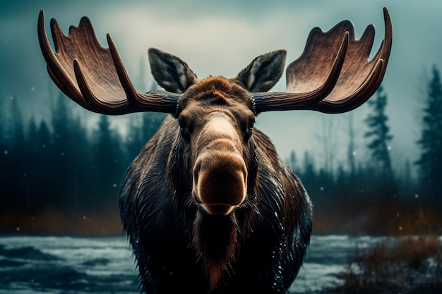 Moose in the forest Animal in the natural environment Portrait of a moose with big horns