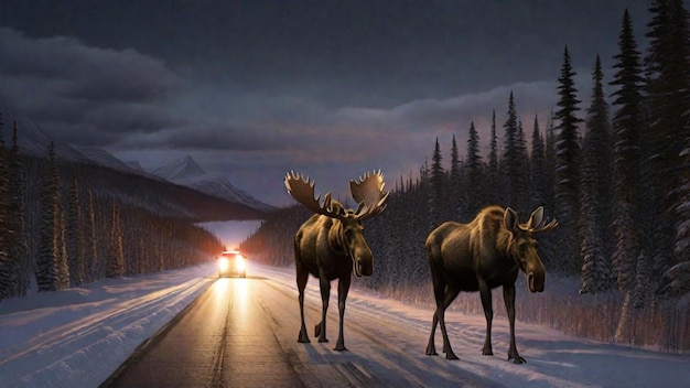 Moose intercept road at night