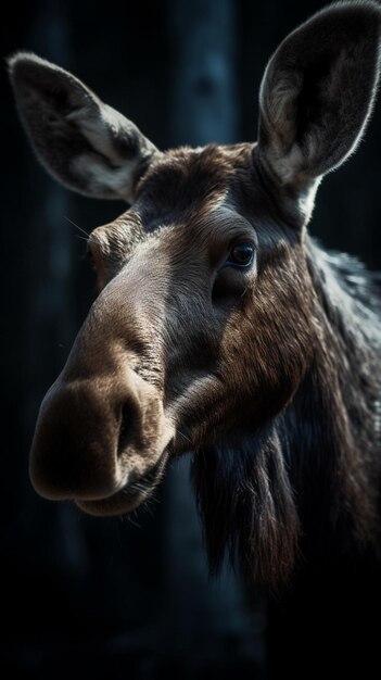 A moose is shown in this close up image.