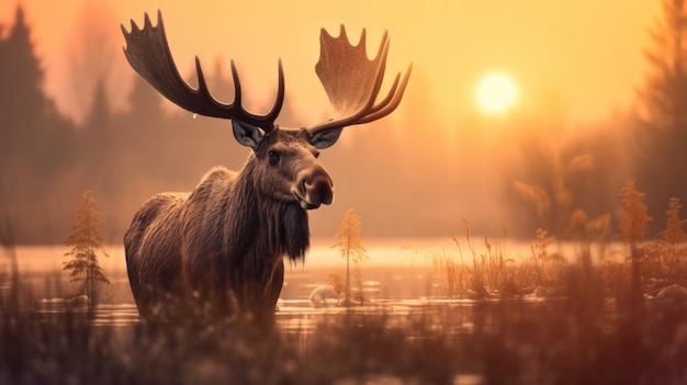 A moose is standing in a field at sunset ai