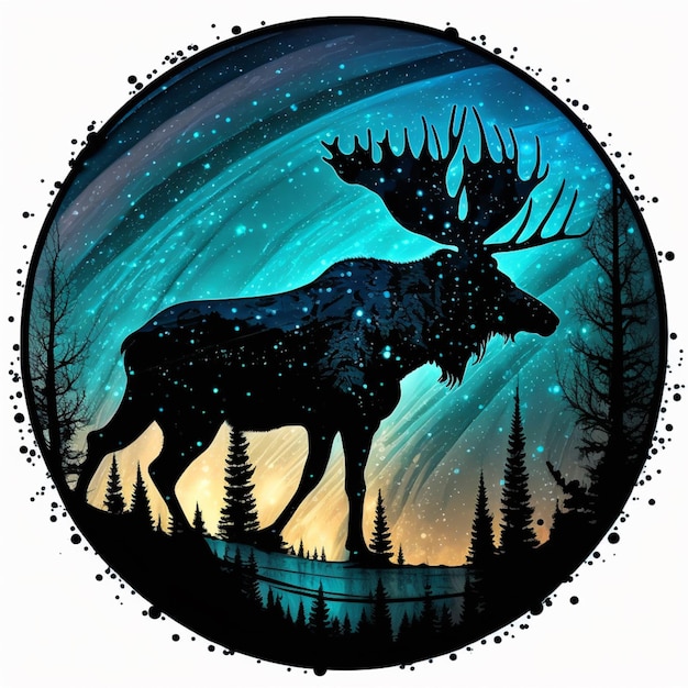 Photo a moose is standing in a forest with the night sky behind it.