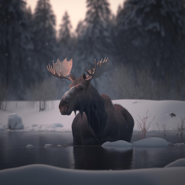 A moose is standing in a snowy landscape.