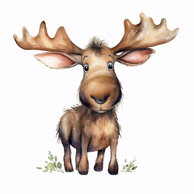 A moose is on a white background with a green plant on the bottom.