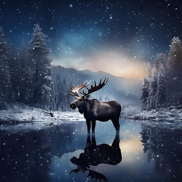 Photo moose in a mountain lake at night ai generative