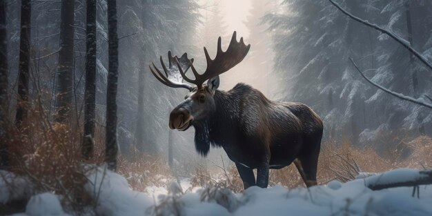 Photo a moose in the snow with snow on the ground