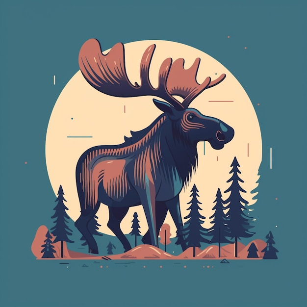 A moose stands in front of a forest of trees.