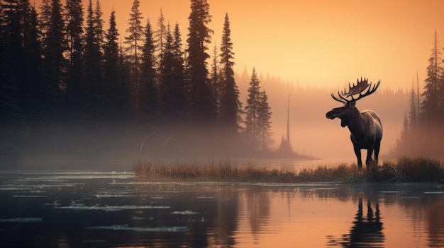 A moose stands in front of a lake during sunrise ai