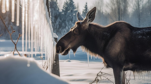 A moose stands in the snow with icicles hanging from it.