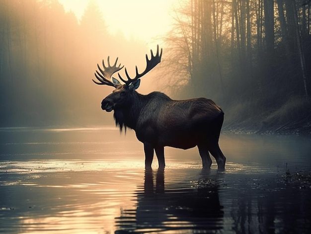 A moose stands in the water in a forest.