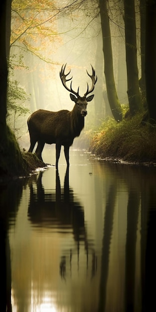 A moose stands in the water in the woods.