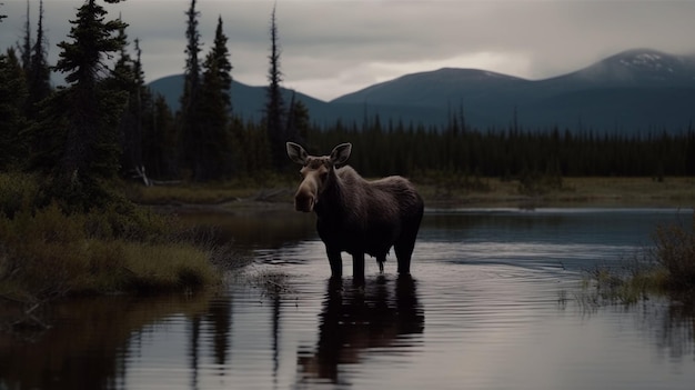 Американский лось в дикой природе, зимние обои, фоновая фотография, американский флаг, Generative AI