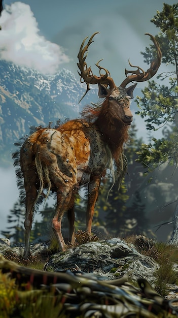 a moose with horns is standing in a field with snow on the mountains in the background