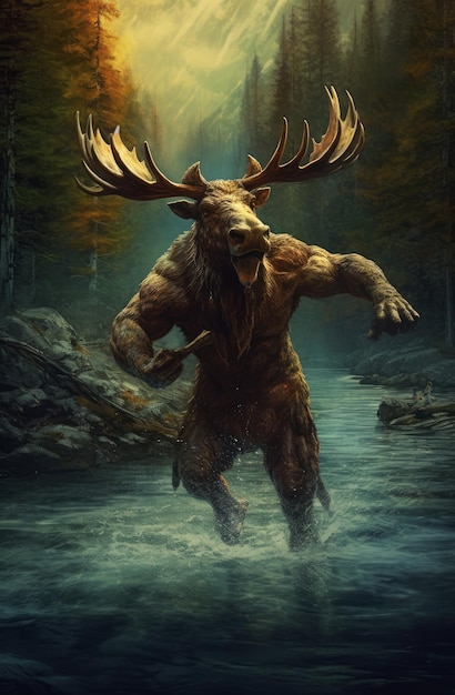 A moose with a large antlers stands in a river.